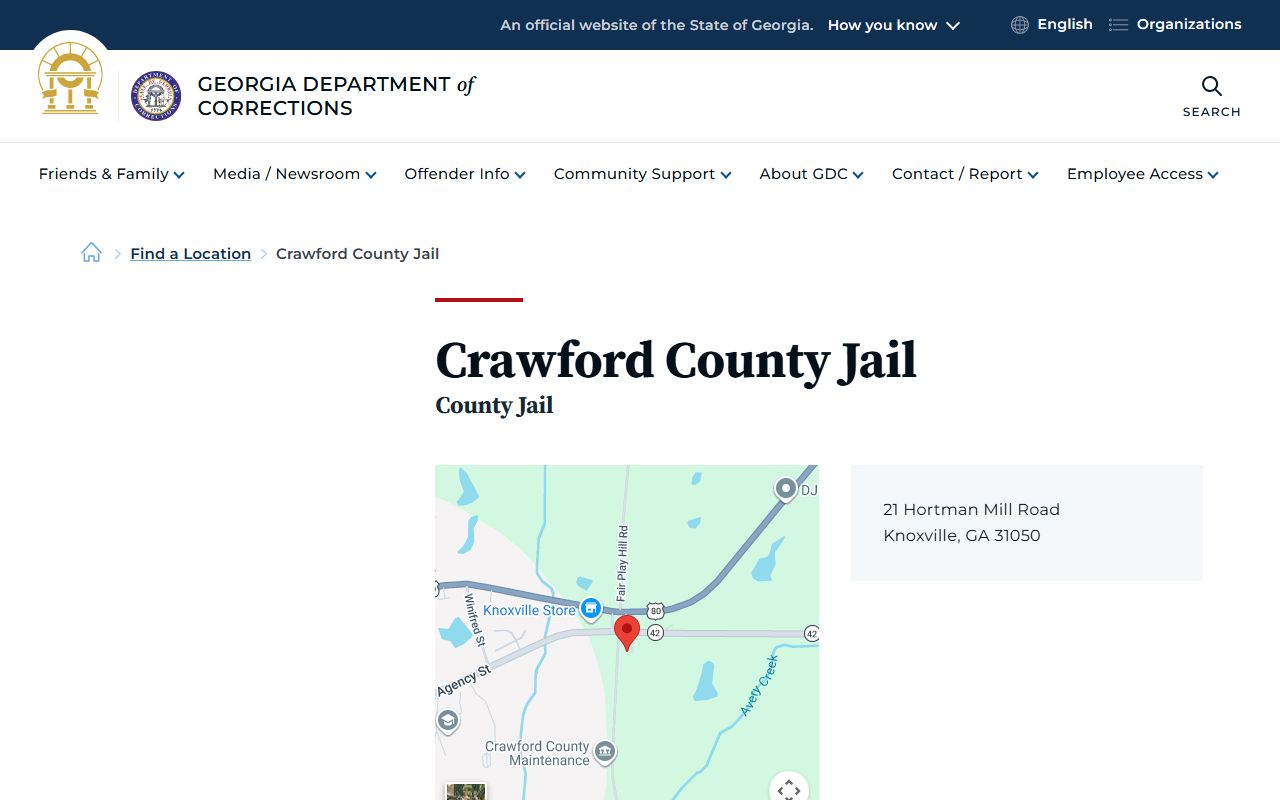 Crawford County Jail inmate lookup GDC location page
